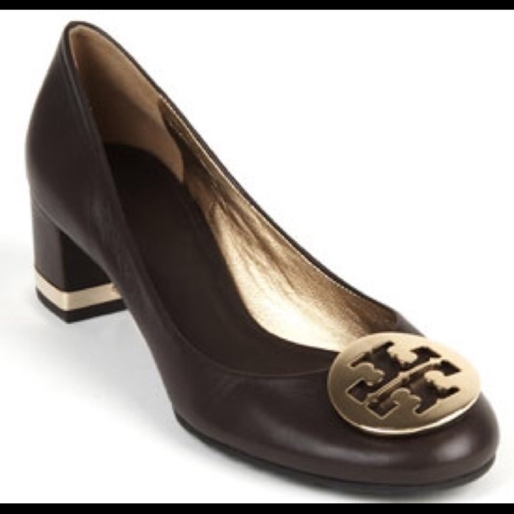 Tory Burch Brown Gold Medallion Heels
